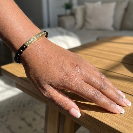 Natural Stone Stretch Bracelet — Engraved "I Am Black History" Bar